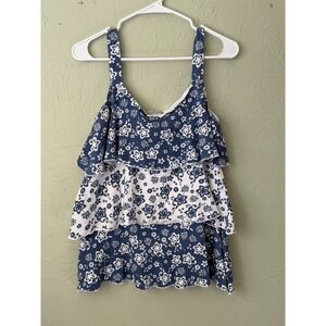 Vintage Suzie Blue White Floral Tiered Ruffle Top Sleeveless M